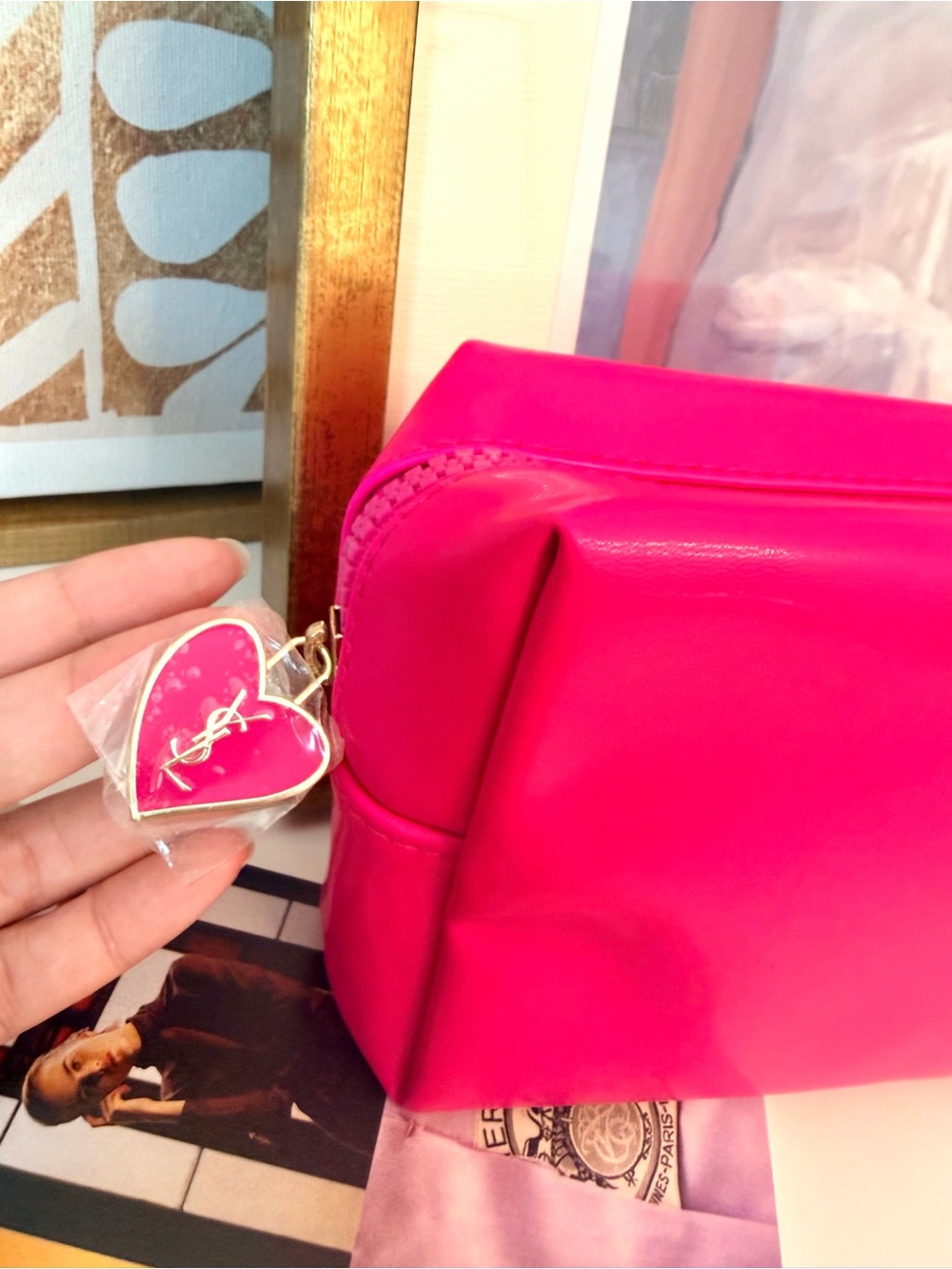 YSL Fuchsia Cosmetic Bag Heart Zipper - Picture 3 of 9